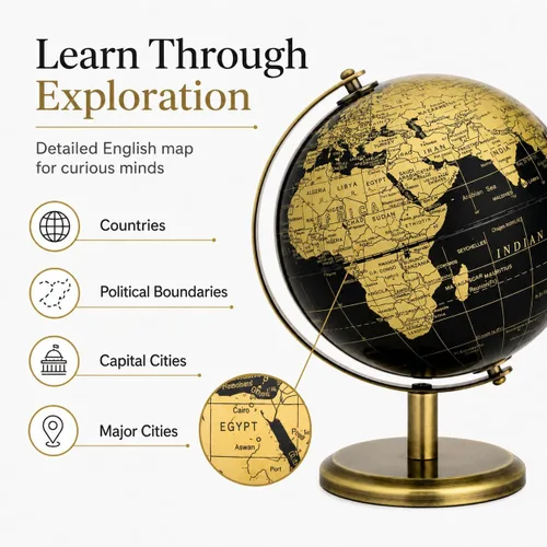 Vista 9 de Exerz 5,5 pulgadas mini globo mundial negro oro inglés mapa bronce soporte