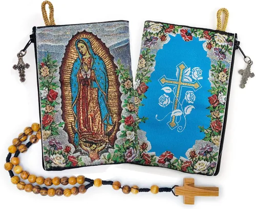 Vista 25 de Bolsa de rosario con cuerda católica de madera de olivo, rosario de Israel, Jesús Rey del Universo y creo en Dios, tela tejida, estilo tapiz, bolsa