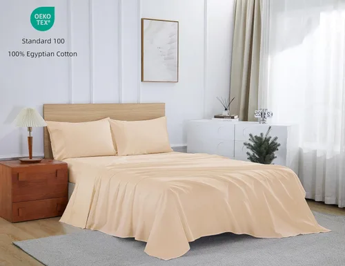 Vista 2 de Shunjie.Home - Juego de sábanas de 100 % algodón para cama individual de 600 hilos, tejido satinado, juego de 3 piezas, bolsillos profundos con Beige
