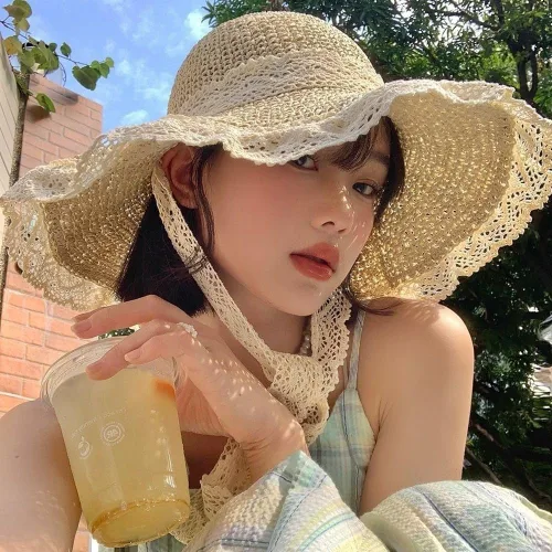Vista 4 de Women's Wide Brim Lace Straw Hat with UPF50 Sun Protection for Beach Beige