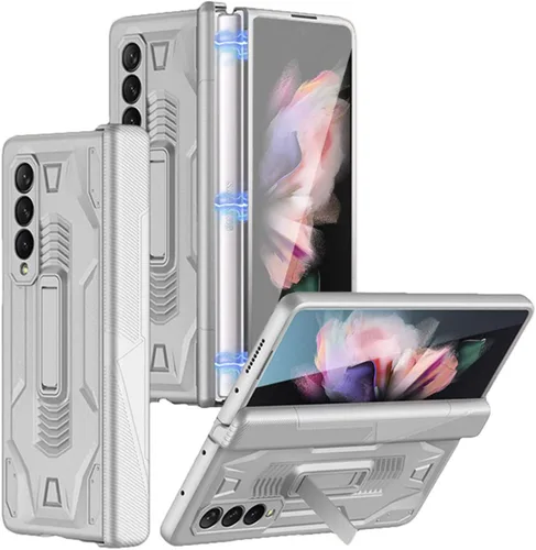 Vista 9 de Miimall Funda compatible con Samsung Galaxy Z Fold 3 con protección de bisagra, protector de pantalla de vidrio templado y función atril todo