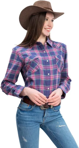 Vista 8 de PASHARTUK Camisas occidentales para mujer, camisas de manga larga de algodón para mujer con botones a presión, camisas a cuadros para mujer Beige