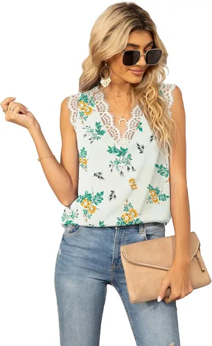 Vista 114 de VIISHOW - Camiseta sin mangas, sexy, con cuello en V y bordes de encaje para mujer, camisola de vestir, camisas de gasa, sin mangas, casuales