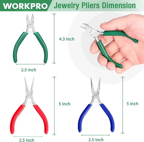 Vista 2 de WORKPRO Juego de Alicates para Joyería, Kit de Herramientas para Hacer Joyas de 3 Piezas - Alicates de Punta Fina/Alicates de Punta Plana, Alicates