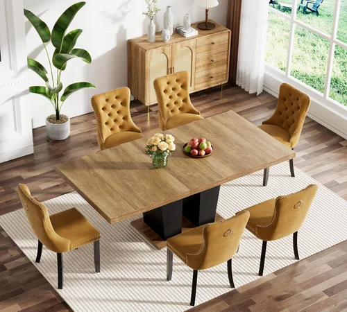 Vista 41 de Juego de mesa de comedor extensible marrón de 63 a 78.74 pulgadas para 4, juego de mesa de comedor de 5 piezas con 4 sillas, mesa de cocina