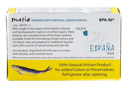 Vista 4 de Matiz Sardinas con limón Empaquetadas en aceite de oliva (4.2oz/120G Tin)