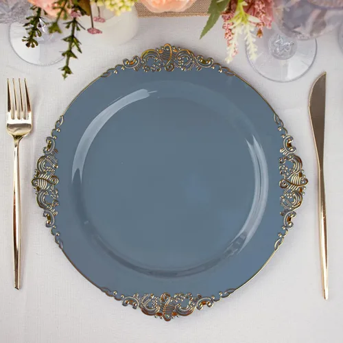 Vista 14 de Paquete de 10 platos redondos de plástico barroco dorado de 8 pulgadas para ensalada de postre, vajilla desechable con borde dorado en relieve