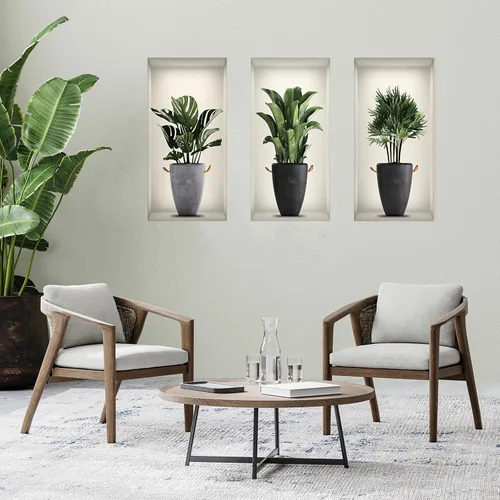 Vista 6 de Calcomanías de pared de plantas verdes 3D, calcomanías de pared en macetas tropicales, vinilo creativo para despegar y pegar, decoración de pared