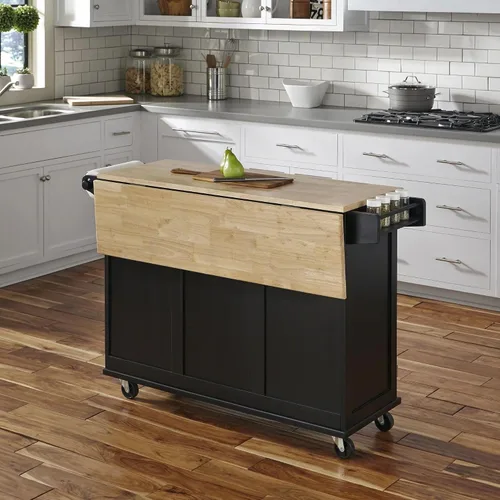 Vista 3 de Homestyles Dolly Madison Carrito de Isla de Cocina Móvil Negro con Barra de Desayuno de Hoja Plegable de Madera