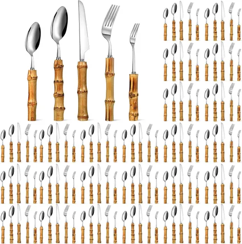 Vista 9 de Eboot Juego de cubiertos de bambú 18/8 de acero inoxidable, juego de vajilla natural, juego de utensilios de cocina, cubiertos con mango de bambú