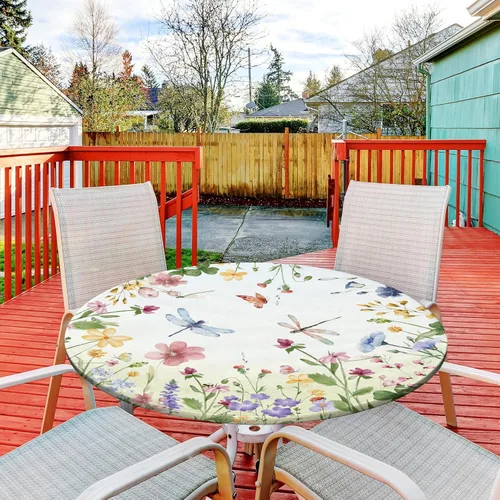 Vista 7 de Mantel redondo ajustable floral de primavera y verano con mantel elástico impermeable para exteriores, cubierta de mesa lavable para interiores
