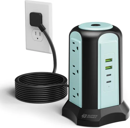 Vista 11 de Tira de alimentación con protector de subida de tensión en torre, estación de carga de escritorio SUPERDANNY, cable de extensión de enchufe plano
