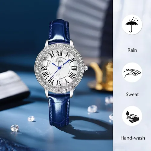 Vista 6 de RORIOS Reloj analógico de cuarzo para mujer con correa de cuero, esfera de cielo estrellado, reloj de pulsera impermeable con diamantes para mujer