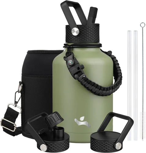 Vista 90 de Konokyo - Botella de agua aislada de 18 onzas, botellas deportivas de acero inoxidable con 3 tapas, verde militar