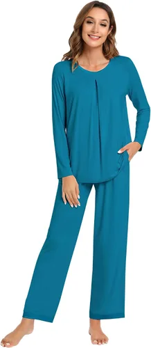 Vista 40 de NACHILA Women's Pajamas Set-Viscose Made from Bamboo, Long Sleeve Sleepwear Top with Pants Comfy Pajama Soft 2 Piece Pjs B-aqua Green