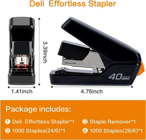 Vista 8 de Deli Engrapadora, grapadoras sin esfuerzo para escritorio, grapadoras resistentes, color negro 40 Sheet Capacity,One Touch , No Effort, Easy to