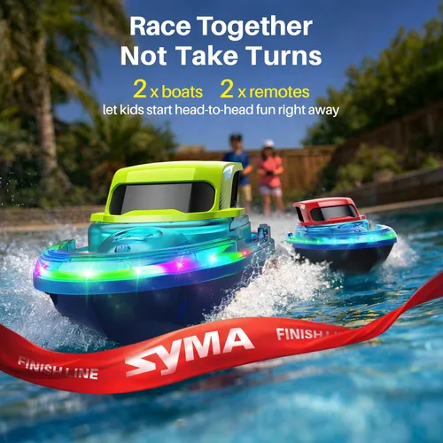 Vista 11 de SYMA Paquete de 2 barcos RC para niños, barcos de control remoto para piscina, luz LED de 7 modos y rociador de agua, hasta 40 minutos en total