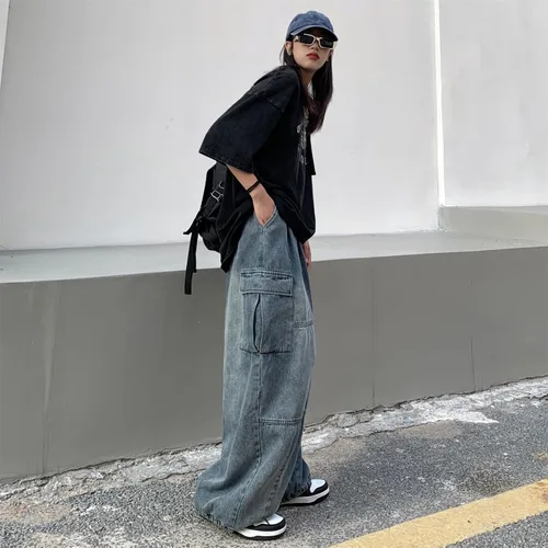 Vista 4 de Y2K - Pantalones de mezclilla holgados Emo Cyber Cargo Grunge Vintage Demin Ropa estética Hiphop Jogger Pantalones deportivos góticos Streetwear
