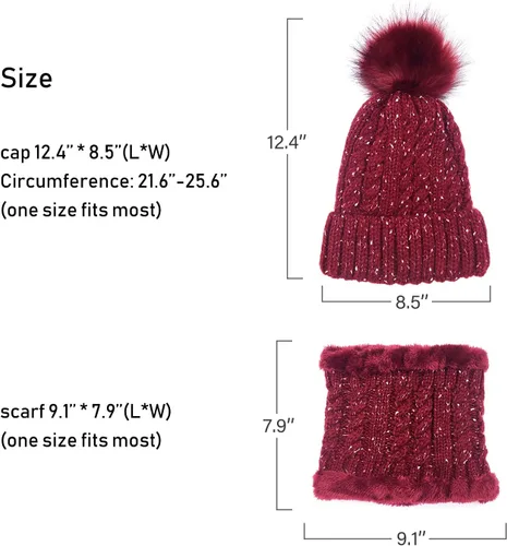 Vista 7 de LCZTN - Gorro de lana con pompón para mujer conjunto de gorro y bufanda para niñas bonito gorro de invierno para esquí, de punto holgado con forro
