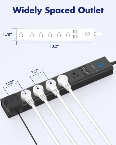 Vista 7 de Paquete de 2 cables de extensión de 6 pies de largo con protección contra sobretensiones de enchufe plano 6 Outlets 4 USB Ports, Power Strips with