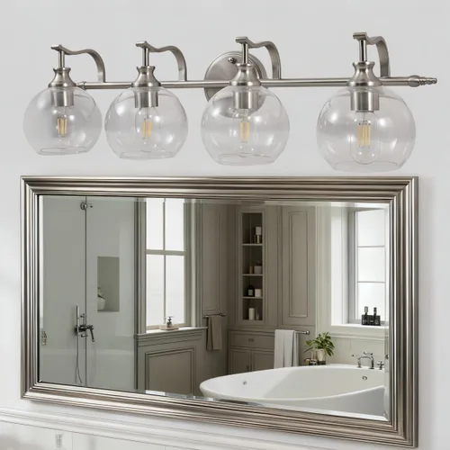 Vista 23 de ANDY STAR Lámparas de baño de níquel cepillado, luces de tocador de 1 luz, apliques modernos de pared de baño con pantalla de vidrio transparente