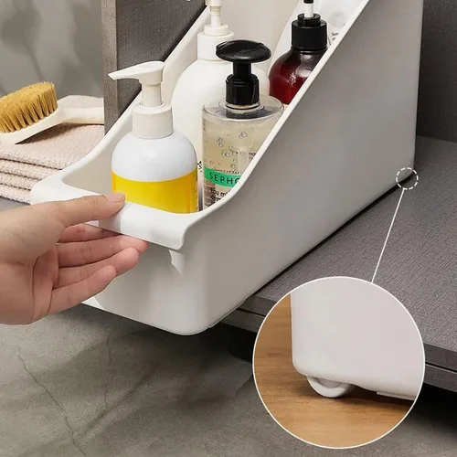 Vista 5 de Organizador y almacenamiento de armario de cocina, estante de plástico para botellas de especias, estante con ruedas, organizador de despensa, cesta