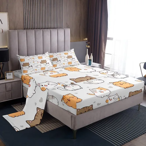Vista 28 de Erosebridal Lindas sábanas de gato Kawaii fresa tamaño individual para niñas, diseño de arcoíris de dibujos animados, juegos de sábanas y fundas