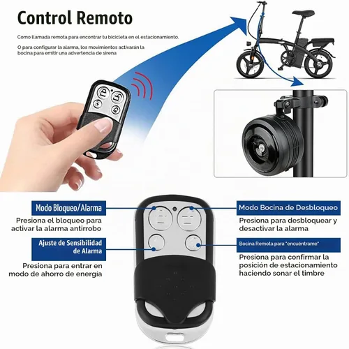 Vista 4 de Bocina de alarma para bicicleta con control remoto, recargable por USB, impermeable, alarma antirrobo de vibración para bicicletas, scooters