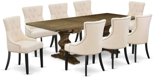 Vista 22 de East West Furniture ALAFR7-81-02 Juego de mesa de comedor moderno de 7 piezas consta de una mesa rectangular de madera con hojas extraíbles y 6