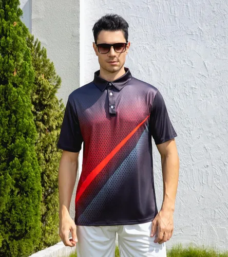 Vista 4 de uideazone Camisa de golf para hombre, de ajuste seco, atlética, absorbe la humedad, rendimiento con impresión 3D, manga corta