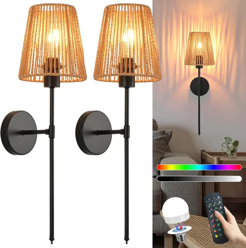 Vista 12 de Juego de 2 apliques de pared bohemios que funcionan con pilas, con pantalla de ratán dorado, luces de pared inalámbricas con bombillas recargables