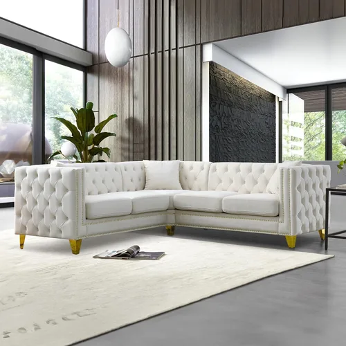 Vista 8 de Sofá de terciopelo de 3 plazas, cómodos sofás para sala de estar, sofá moderno con respaldo copetudo y decoración de remaches, sofá largo tapizado