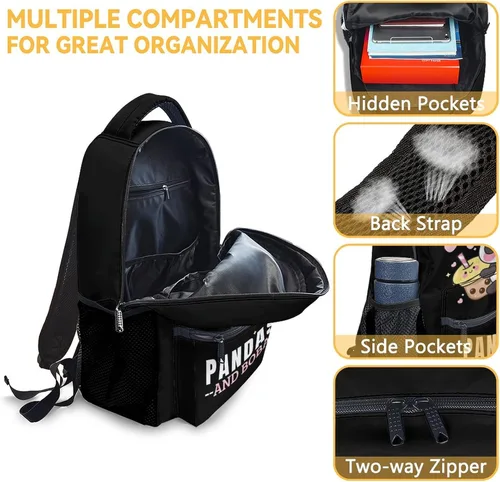 Vista 6 de Mochila Panda para niñas y niños, mochilas negras de 16 pulgadas para la escuela, bonita bolsa ligera y duradera para niños
