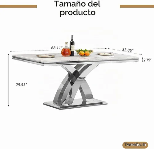 Vista 6 de Henf Mesa de comedor de mármol sintético de 68 pulgadas para 4-6 personas, mesa rectangular moderna con parte superior de mármol blanco y base