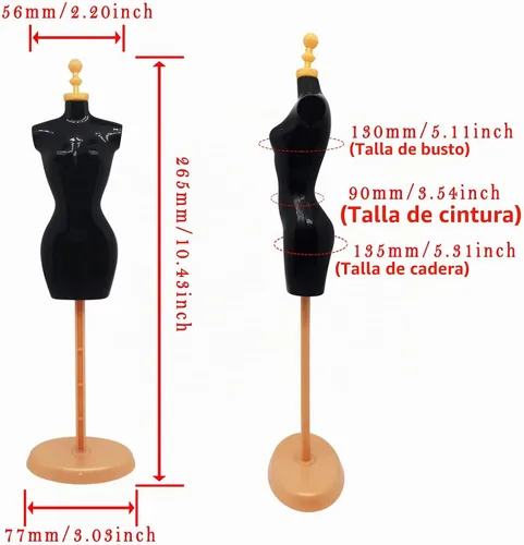Vista 2 de Forma de vestido de maniquí de muñeca con soporte de base para diseño de ropa y exhibición de joyas de disfraces (oro negro, 4 piezas)