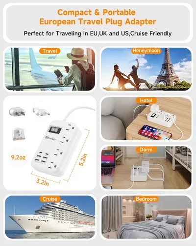 Vista 7 de Adaptador de enchufe de viaje europeo, regleta de corriente de EE. UU. a Europa con 6 USB (2 USB C) 4 tomas de corriente, adaptador de corriente