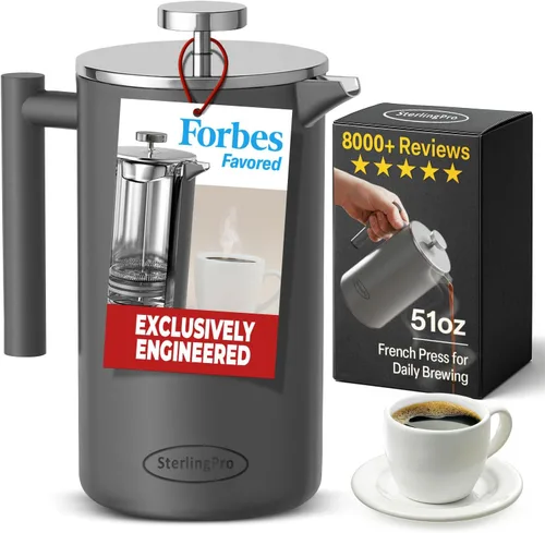 Vista 15 de SterlingPro Cafetera de prensa francesa de acero inoxidable, grande, 1 L (34 onzas), color negro, prensa de café duradera con aislamiento de doble