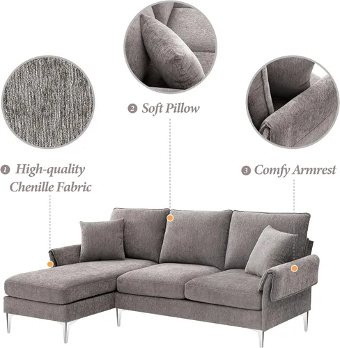 Vista 4 de Sofá modular convertible moderno, sofá modular de felpilla de 84 pulgadas en forma de L con diván reversible para sala de estar, apartamento