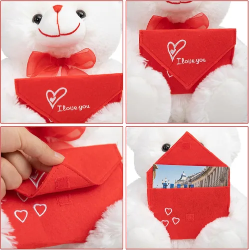 Vista 5 de HollyHOME Oso de Peluche Oso de Rosa Oso de Peluche Suave con Sobre Rojo de Felpa Suave Juguetes de Vacaciones Regalo 30 cm Blanco