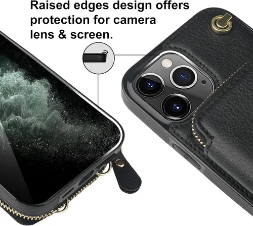 Vista 7 de Bocasal Funda tipo cartera cruzada para iPhone 11 Pro Max, funda de piel con bloqueo RFID y soporte para tarjetas, funda protectora con cremallera
