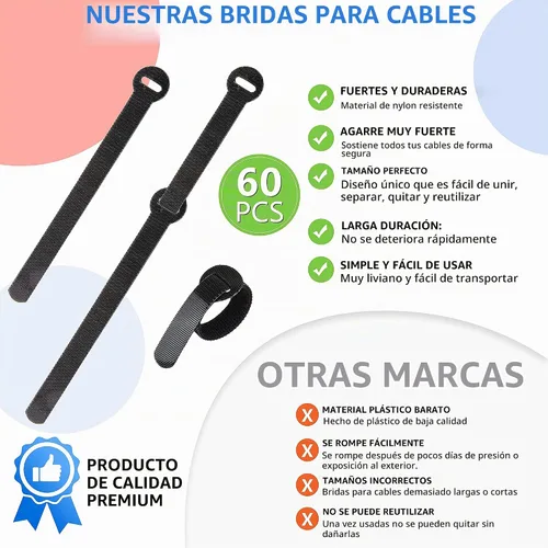 Vista 3 de 60 Sujetadores para Gestión de Cables, Envolturas para Cables Negras de 6 Pulgadas, Sujetadores Reutilizables para Cables Ordenados, PC, TV