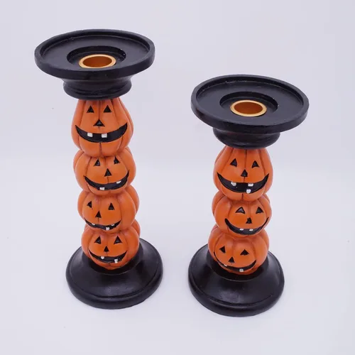 Vista 2 de Etistta Portavelas de calabaza de Halloween para decoración de chimenea, candelabros de poliresina de 9.5 pulgadas de alto para decoraciones, juego