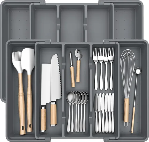Vista 8 de Organizador grande de cubiertos, organizador de cajones de utensilios expandible para cajones de cocina, organizador de cajones de cocina