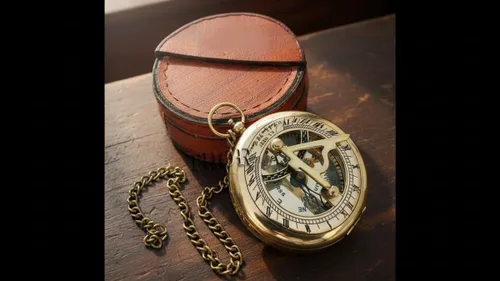 Vista 3 de Hermosa brújula de reloj de sol de latón con caja de cuero marrón y cadena Brújula abierta Camping Senderismo Steampunk Acabado de latón