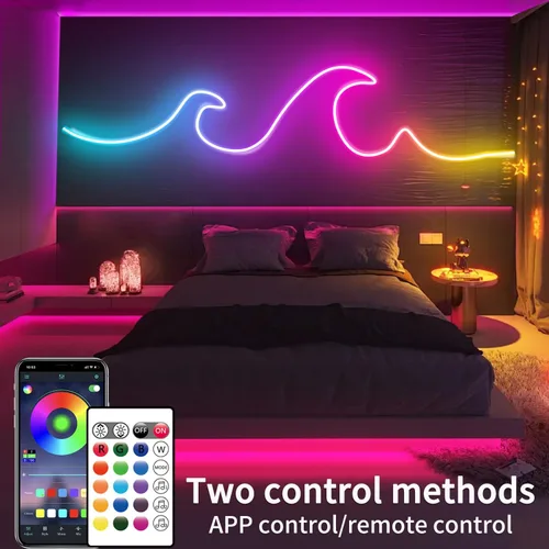 Vista 2 de Cuerda de luces LED de neón de 16.4 pies con aplicación o control remoto, luces LED flexibles, múltiples modos, luces de neón RGB para exteriores