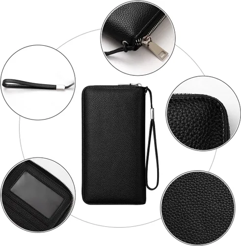 Vista 4 de Mitsoly Cartera larga de piel con bloqueo RFID para mujer, con cremallera alrededor de moneda, cartera de gran capacidad, 18 ranuras para tarjetas