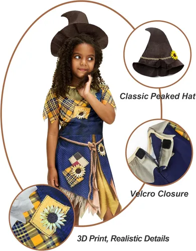 Vista 6 de Disfraz de espantapájaros para niñas, vestido de retazos, sombrero, falda con dobladillos dentados para niños, fiesta de Halloween, juego de rol