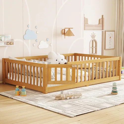 Vista 16 de Cama Montessori de tamaño matrimonial con tablillas, puerta y valla, cama Gris