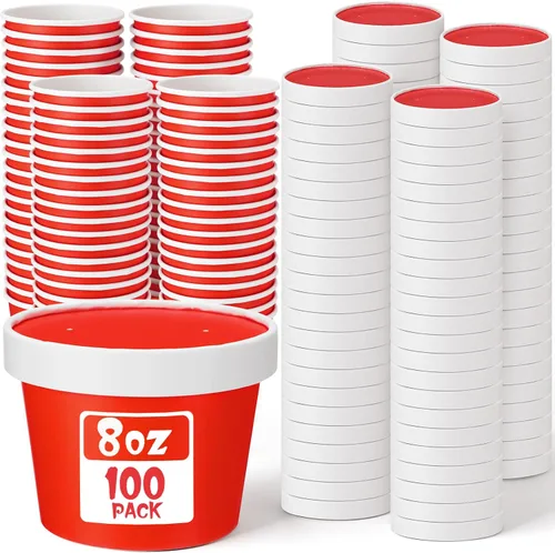 Vista 18 de Fulmoon Paquete de 100 recipientes de papel para sopa con tapas, recipientes de papel desechables para alimentos con tapa ventilada, tazas de postre