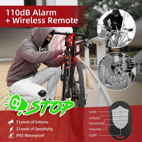 Vista 2 de BANGTING Candado de cadena de bicicleta de 4 pies resistente con alarma de 110 dB, cerradura de bicicleta resistente antirrobo con llave para Negro